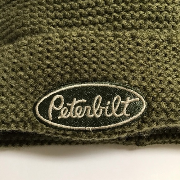 Peterbilt Big Rig Tractor Pom Knit Beanie Patch Ski Beach Skate Army Green VTG - Picture 2 of 10